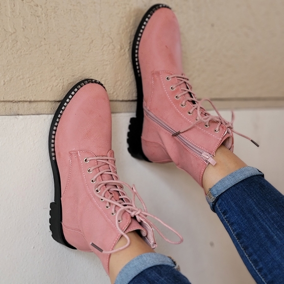 Women's Mauve Lace Up Ankle Mid-Calf Combat Boots - Picture 2 of 6